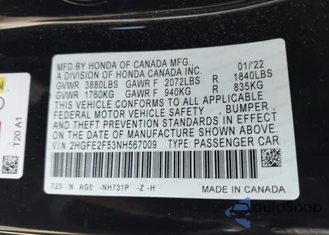 2022 Honda Civic Sport z USA, uszkodzony, nr VIN 2HGFE2F53NH567009